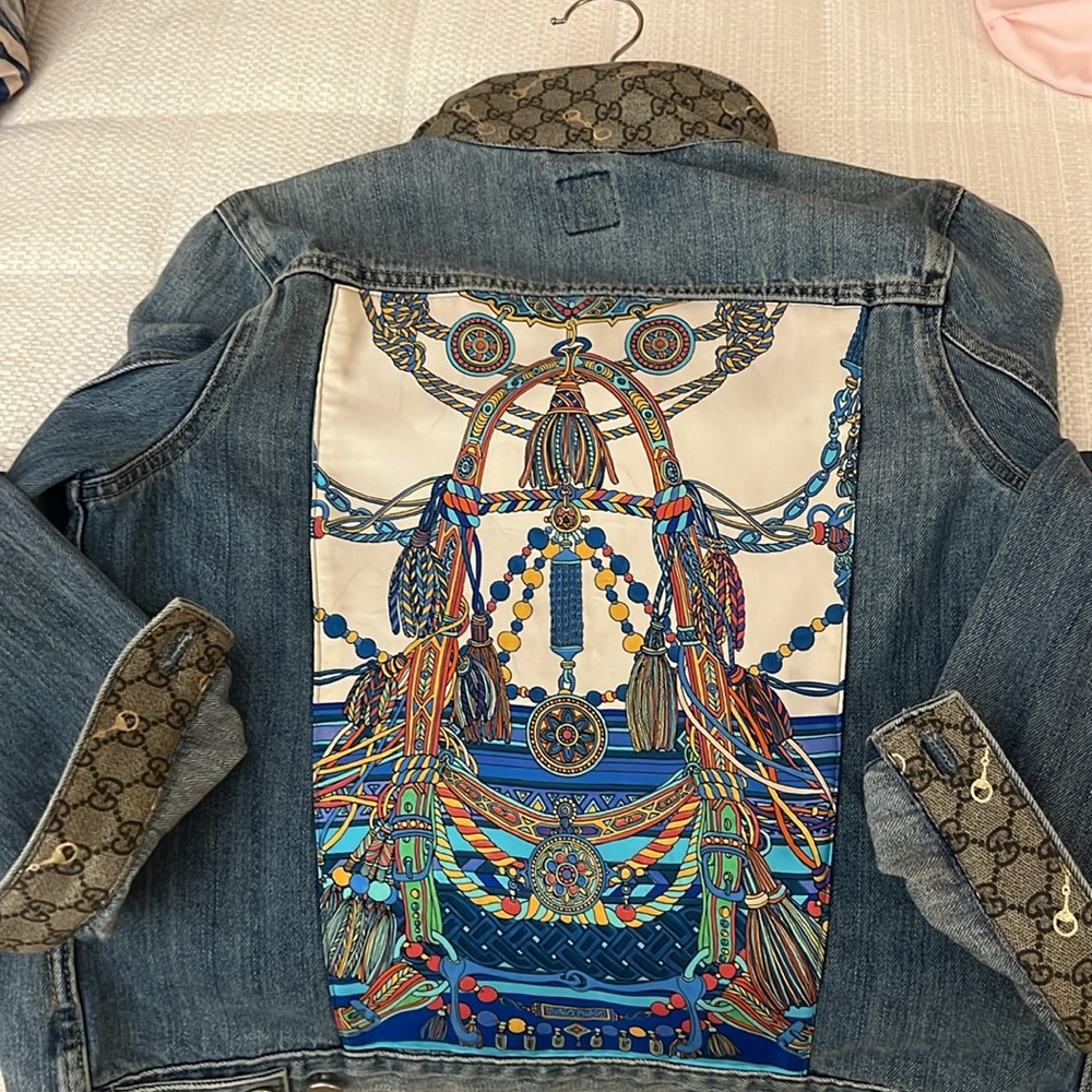 Gorgeous-Denim Jacket with Patterned Collar & cuffs.Silk scarf on back! - Picture 2 of 5